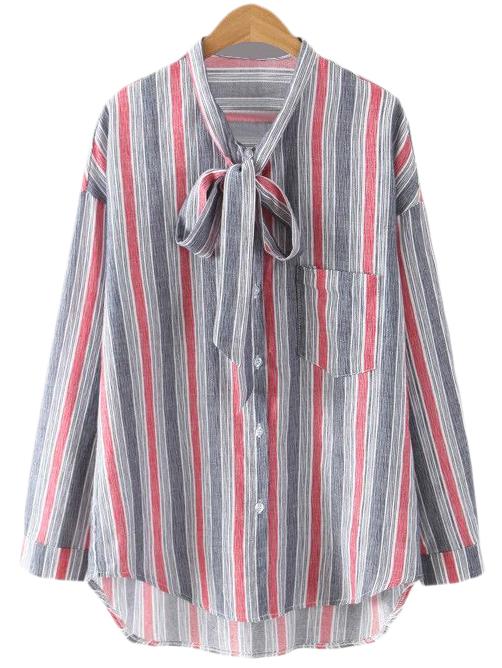 Romwe Multicolor Pocket Tie Neck Bow Stripe Blouse