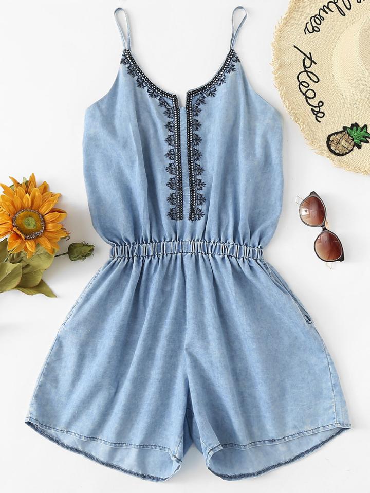 Romwe Elastic Waist Cami Denim Jumpsuit