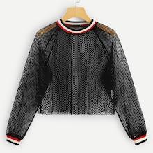 Romwe Striped Trim Mesh Sheer Crop Sweatshirt