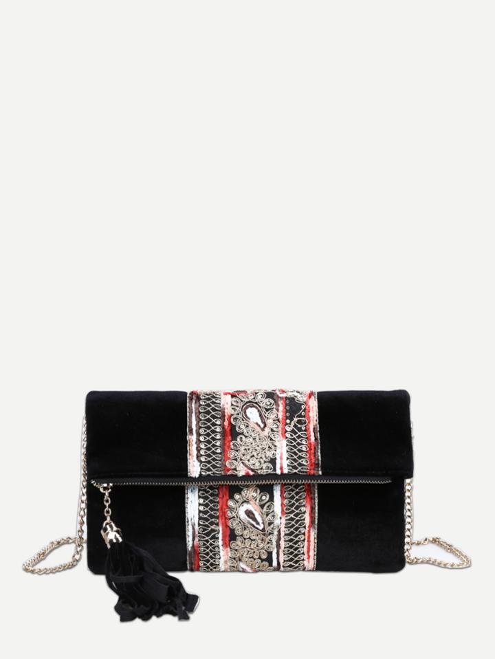 Romwe Tassel Detail Fold Over Velvet Clutch Bag