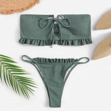 Romwe Frill Trim Bandeau With High Leg Bikini Set
