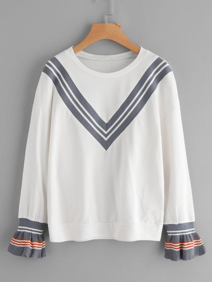 Romwe Striped Ribbed Ruffle Cuff Chevron Sweatshirt