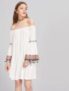 Romwe Embroidered Tape And Pom Pom Detail Bell Sleeve Bardot Dress