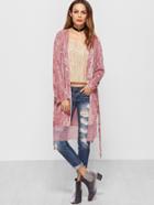 Romwe Pink Self Belt Lace Trim Crushed Velvet Coat