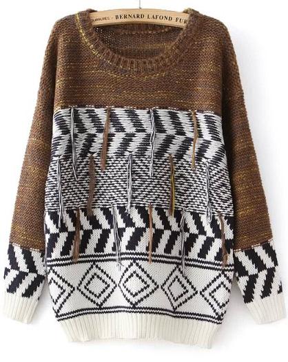 Romwe Geometric Print Tassel Knit Sweater