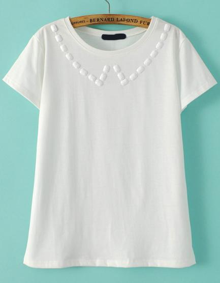 Romwe With Bead Round Neck White T-shirt
