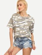 Romwe Drop Shoulder Camouflage Print T-shirt - Khaki