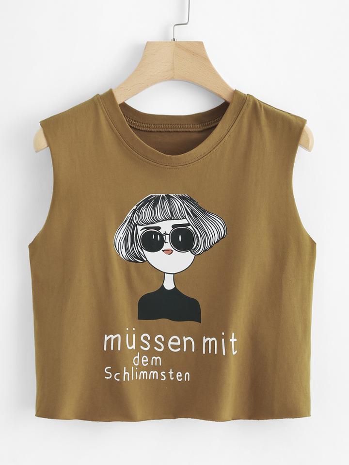 Romwe Figure Print Raw Edge Crop Top