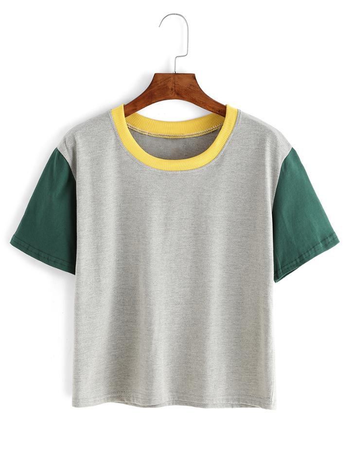 Romwe Contrast Crew Neck Grey T-shirt