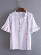 Romwe Red Striped Tie Bell Sleeve Blouse