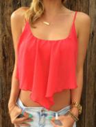 Romwe Red Chiffon Spaghetti Strap Asymmetric Crop Top