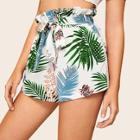 Romwe Paperbag Waist Tropical Print Shorts