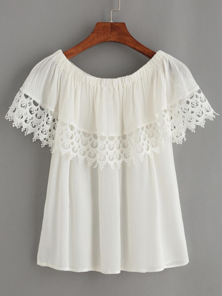 Romwe White Lace Trimmed Off The Shoulder Top