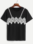 Romwe Black Embroidered Lace Applique Ribbed T-shirt