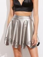 Romwe Laser Cut Scallop Hem Metallic Faux Leather Skirt