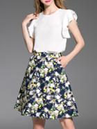 Romwe White Ruffle Sleeve Top With Print Skirt