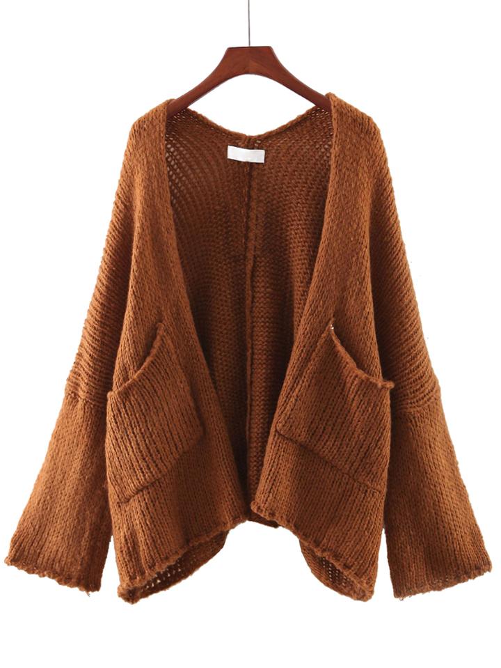 Romwe Brown Long Sleeve Pocket Cardigan