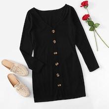 Romwe Button Through Ribbed Dress