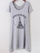 Romwe Grey Irregular Hem Letters Iron Tower Printed Dress