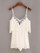 Romwe Lace Trimmed Embroidered Cami Romper - White