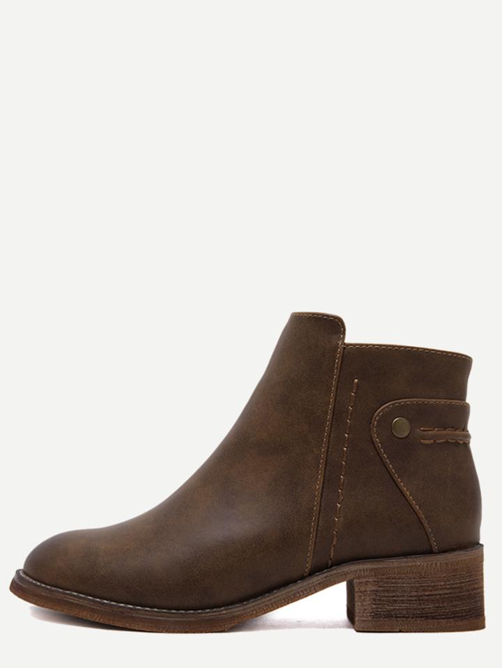 Romwe Brown Faux Leather Side Zipper Cork Heel Booties