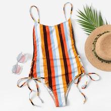 Romwe Lace-up Low Back Random Striped Swimsuit