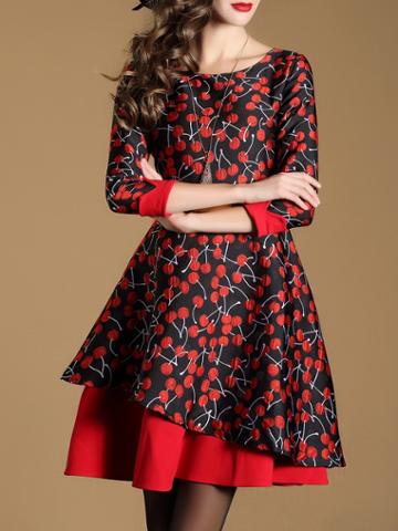 Romwe Black Cherries Print Asymmetric Dress