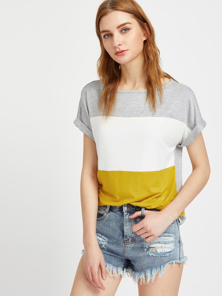 Romwe Color Block Roll Cuff Tee