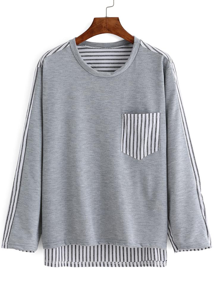Romwe Dip Hem Striped Pocket T-shirt