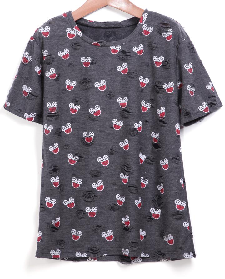 Romwe Ripped Mickey Print T-shirt
