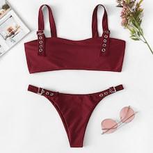 Romwe Eyelet Buckle Bikini Set