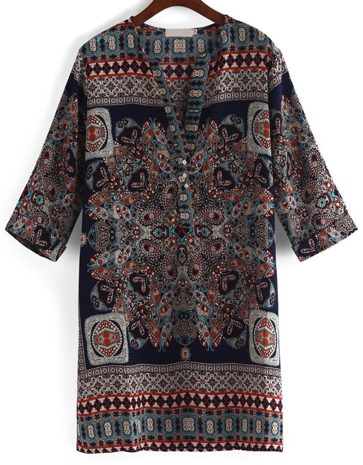 Romwe V Neck Tribal Print Navy Dress