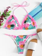 Romwe Tropical Print Ruffle Bikini Set