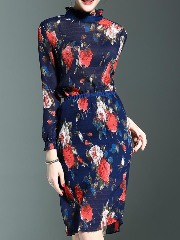 Romwe Navy Ruffle Collar Long Sleeve Elastic Waist Print Dress