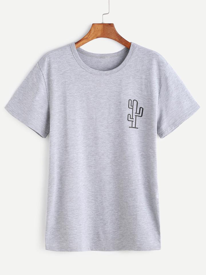 Romwe Heather Grey Cactaceae Print T-shirt