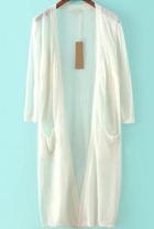 Romwe Three Quarter Length Sleeve With Pockets White Cardigan