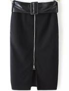 Romwe Zipper Split Front Skirt With Belt