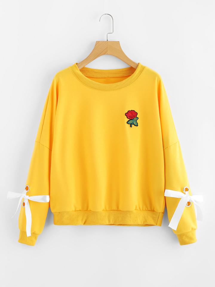 Romwe Drop Shoulder Rose Embroidered Patch Eyelet Tie Sweatshirt