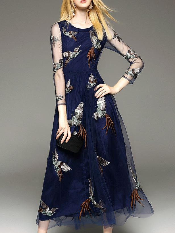 Romwe Navy Bird Embroidered Gauze Midi Dress