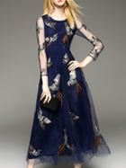 Romwe Navy Bird Embroidered Gauze Midi Dress