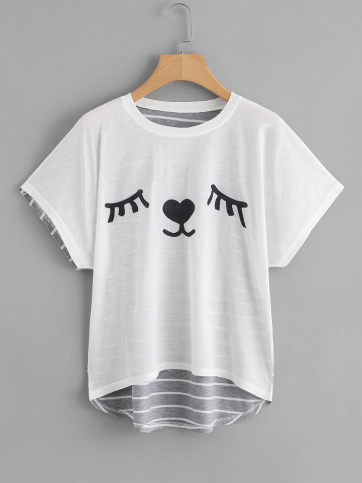 Romwe Face Print Dip Hem Striped Back Tee