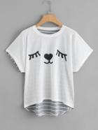 Romwe Face Print Dip Hem Striped Back Tee