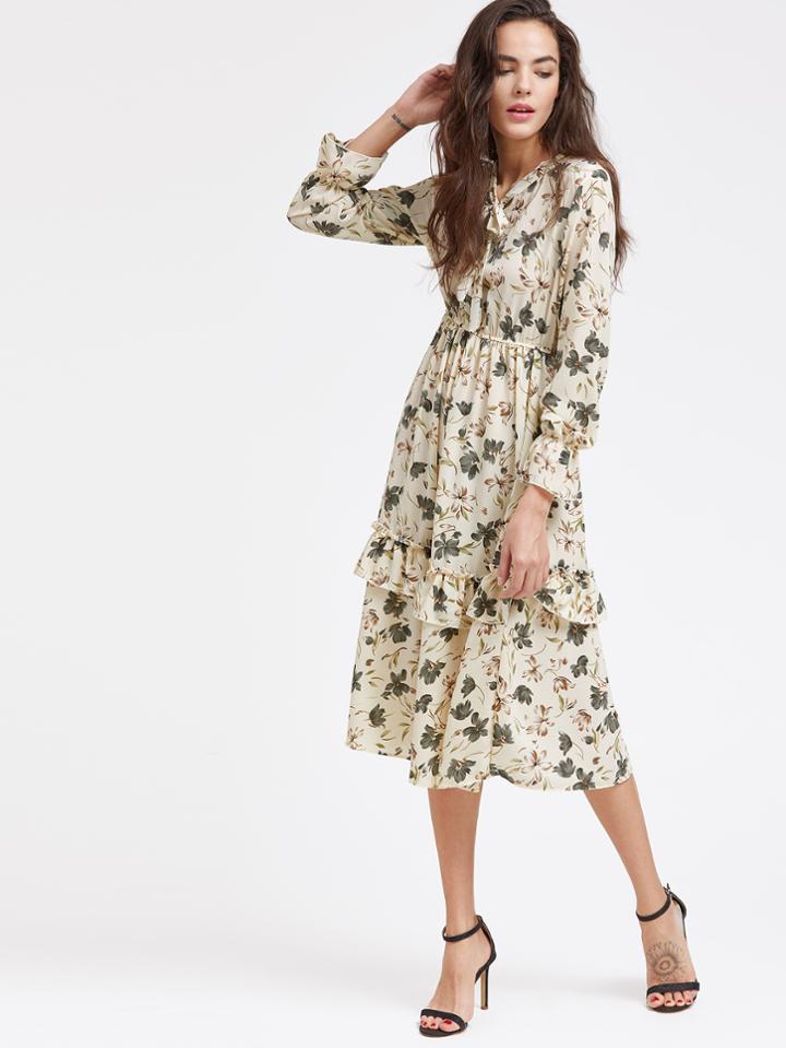 Romwe Ditsy Print Layered Fill Hem Elastic Waist Dress