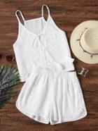 Romwe Lace Trim Tassel Tie Neck Cami Top With Shorts