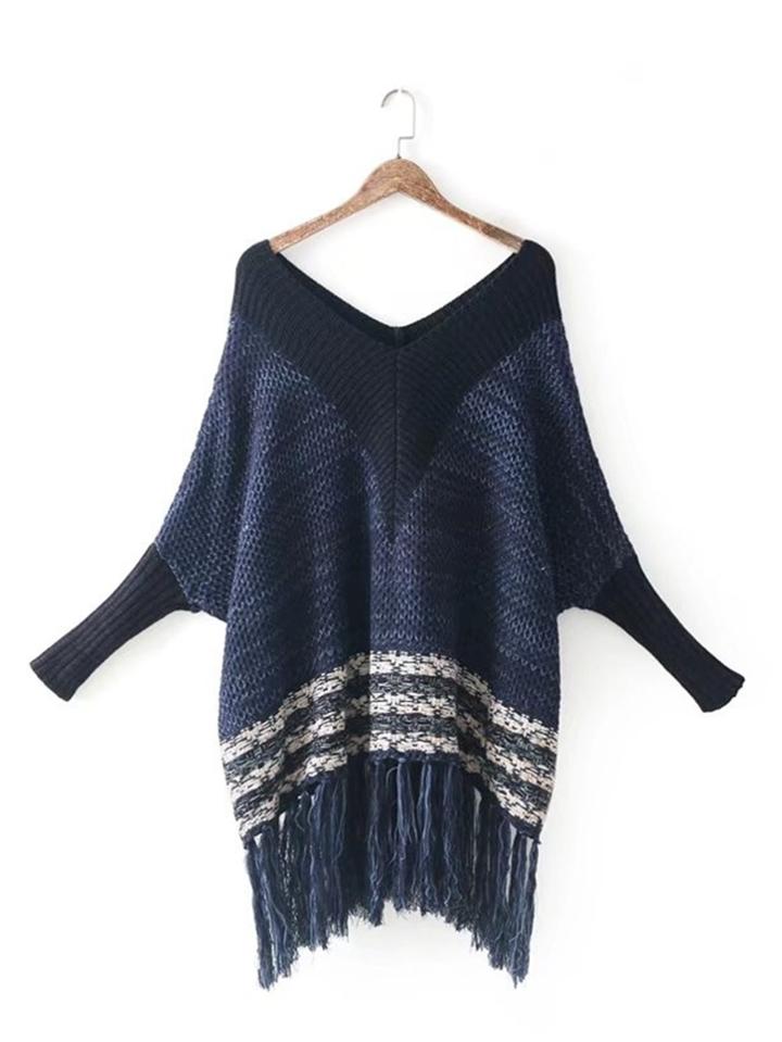 Romwe Batwing Sleeve Fringe Hem Sweater Dress