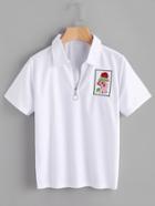 Romwe Rose Embroidered Zip Up Polo T-shirt