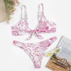 Romwe Floral Knot Front Top With Cheeky Bikini Set
