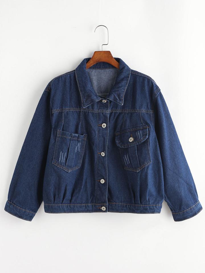 Romwe Navy Single Breasted Dual Pocket Front Denim Jacket