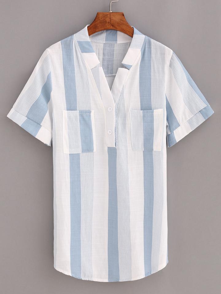 Romwe Blue Vertical Striped Dual Pocket Blouse