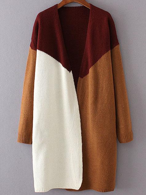 Romwe Red Color Block Collarless Drop Shoulder Cardigan